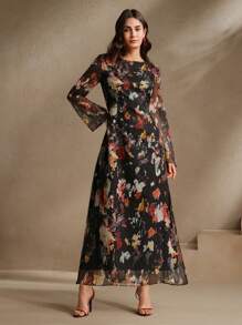 Anewsta 女士花卉印花长袖连衣裙，优雅时尚的乡村风格度假连衣裙 - 黑色 - 查看 5