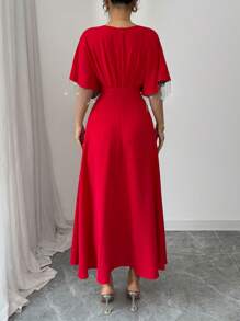 Chiquease 女士休闲 V 领收腰 A 字形连衣裙，优雅，适合派对、约会、奢华、阿拉伯、简约、日常穿着 - 紅色 - 查看 2