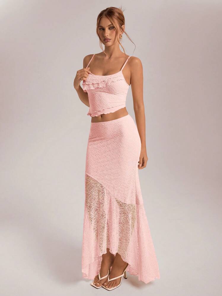 【紙タグ有】Floral Lace Mermaid Skirt & Top S Aloruh Women's Sheer Lace Asymmetrical Hem Camisole & Ruffle Trim