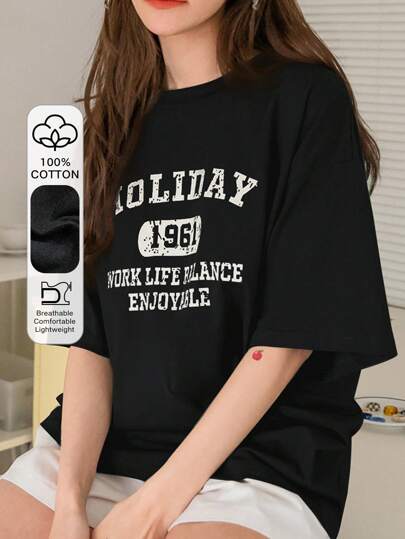 DAZY 字母图案落肩T恤夏季超大T恤学院风上衣