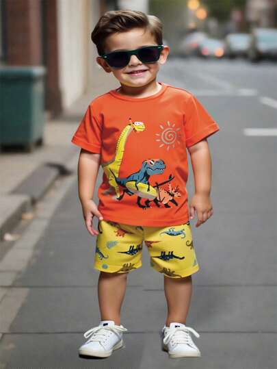 SHEIN Young Boy Dinosaur Printed Short Sleeve Top And Shorts Set