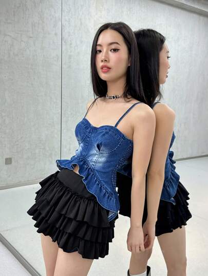 SHEIN EZwear 女士休闲牛仔吊带背心，夏季女士，短款长度，毕业，狂欢，狂欢上衣，韩流街头服饰，外出，老款风格女士，露背上衣，上衣，女士可爱上衣，春假，约会之夜女士，可爱夏季上衣