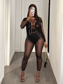 BamGleam Solid Color Round Neck Hollow Mesh Ripped Seamless Jumpsuit - Black - View 4