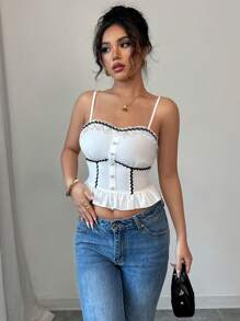 Selianne Women Vacation Casual Ruffle Trim Pearl Button Camisole Top With Slim Fit Ruffle Hem, Black - White - View 4