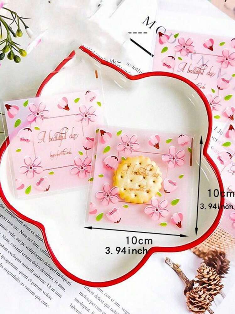 SHEIN 100 个粉色花卉印花 Opp 自粘袋，浪漫粉色花朵和绿叶印花小礼品包装袋，适合派对、生日等活动装饰情人节、情人节婚礼、生日 - 彩色 - 查看 4
