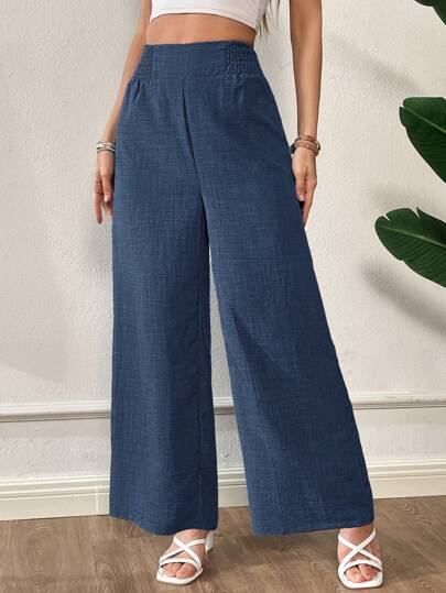 SHEIN Essnce Pantalones anchos de cintura alta y pierna ancha de color azul oscuro, de estilo casual y suelto, para mujeres de talla grande, para primavera y verano. Prendas inferiores, conjuntos de verano para mujer, atuendos de vacaciones, minimalistas, pantalones holgados, pantalones para curvas.