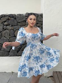 Sunnyshic Plus Size Keyhole Neck Floral Cinched Waist A-Line Dress, Vacation, Sun Dress