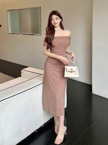 DAZY Off Shoulder Solid Ruched Side Mesh Overlay Homecoming Dress Elegant Sundress,Dress For Wedding,Back To School Clothes - Dusty Pink - View 5