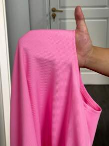 Slaydiva 新款春夏休闲基础款圆领盖袖宽松常规T恤+侧立体工装口袋装饰七分裤短裤粉色纹理针织面料女加大两件套-B - 粉色 - 查看 5