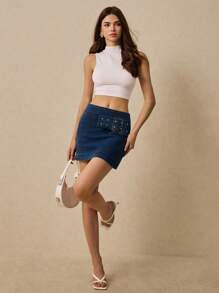 Poéselle Poeselle Jeans Skirt,Mini Skirt,Denim Skirt,Belt Buckle Decoration,Music Festival Costume,Women Skirts,Summer Women Outfit,Women's Low Waist Metal Buckle Decor Denim Mini Skirt,Suitable For Daily, Street, Holiday, Commuting And Other Occasions To Wear