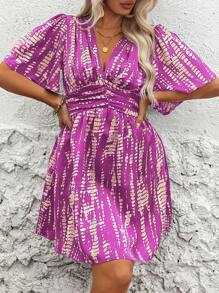 Breezaya 大码女式扎染印花 V 领短袖褶皱休闲连衣裙 - 紫丁香色 - 查看 4
