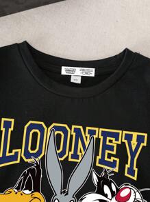 LOONEY TUNES X SHEIN 年轻男孩休闲圆领短袖T恤，舒适可爱卡通字母印花，适合夏季