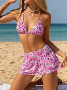 Swim Mod 3pcs Women Summer New Ditsy Floral Halter Triangle Top, Ruffle Hem Mini Skirt And Cute Swimwear Set - Multicolor - View 4