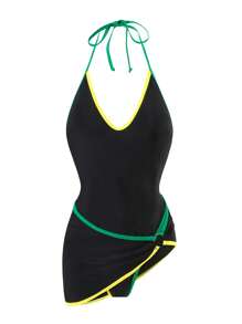 Swim SXY 女士优雅纯色细肩带彩色饰边半身裙两件套，春夏 - 黑色 - 查看 4