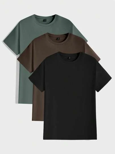 Manfinity BRENVOR 3pcs Pack Men's Solid Color Crew Neck Loose Knit Casual Short Sleeve T-Shirt