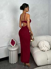 SHEIN BAE 春夏纯色加长杯撞色紧身网眼女式毕业礼服 - 酒紅色 - 查看 2