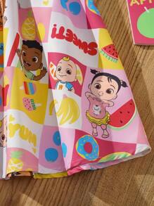 CoComelon X SHEIN Young Girl Colorful Plaid Fruit Print Round Neck Ruffle Sleeve Loose Dress