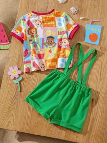 CoComelon X SHEIN 2 件装男婴卡通水果图案针织圆领 T 恤和可调节肩带短裤套装 - 彩色 - 查看 4