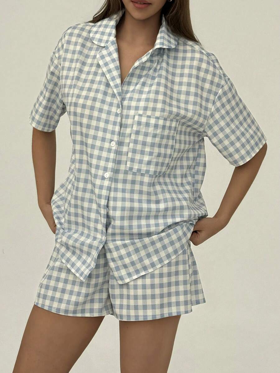 Aloruh 2pcs Set Comfortable Home Plaid Print Matching Shorts & Short Sleeve Shirt - Blue - View 1