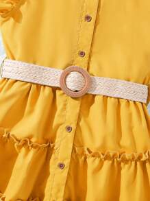 Tween Girl Ruffled Collar Midi Dress With Woven Waist Belt,Holiday,Summer,Travel - Yellow - View 6