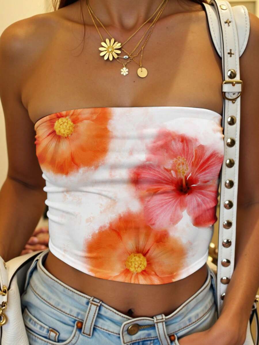 SHEIN EZwear 女士休闲全花卉印花抹胸短款上衣，适合夏季 - 白色 - 查看 1