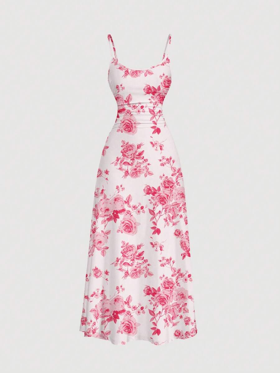 SHEIN MOD 休闲简约蓝色花卉印花腰部褶皱宽松下摆可调节肩带连衣裙，适合夏季