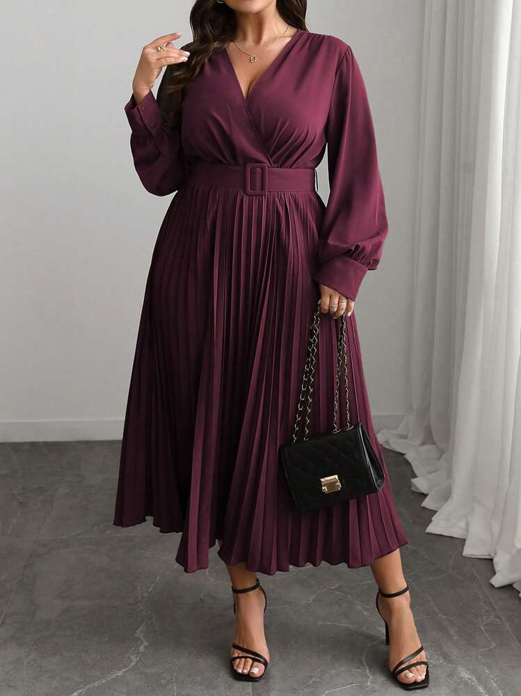 Elenzga Plus Size Women's V-Neck Solid Color A-Line Long Sleeve Dress, Elegant Office & Casual, With Waist Belt, Suitable For Spring, Autumn & Winter, For Christmas Maxi Women Outfit Fall Cloth For Women - Red Violet - View 3