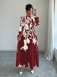 Elenzga Women Floral Print Waist Cinched Dress Maxi Women Outfit