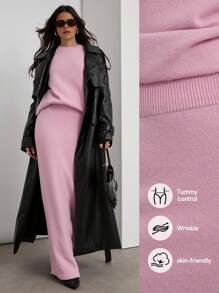 COSMINA 2pcs/Set Women Casual Pink Color Sweater & Extended Length Skirt Set, Autumn/Winter - Baby Pink - View 12