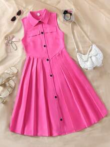 SHEIN Explorewe Teen Girl Collared Button-Up A-Line Pleated Dress - Hot Pink - View 1