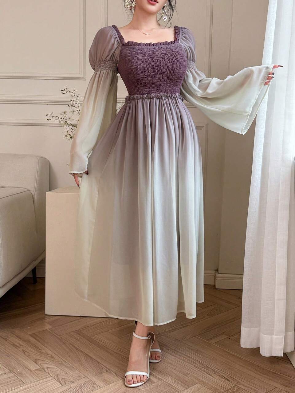 Square Neck Ombre Frill Hem Mid-Long Dress For Women Elegant,Fall Dress Long Sleeve Dress