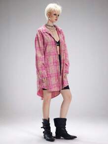 Coolane Women's Spring/Summer Grunge Preppy Going Out Dirty Washed Plaid Long Shirts - Pink - View 3