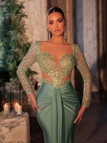Glamrae 优雅奢华透视长袖缀以珍珠和亮片弹力褶饰美人鱼下摆婚礼宾客礼服，适合婚礼、单身派对、度假、庆典和晚礼服（重型）、礼服 - 綠色 - 查看 1