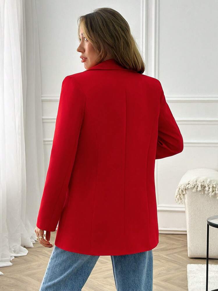 EURMUSE Women Solid Color Long Sleeve Button Detail Front Blazer Jacket - Red - View 2