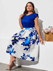Ellevyn Conjunto de talla grande de dos piezas elegante para ocasiones festivas: blusa de cuello redondo con puños con volantes de color liso y falda larga y de cintura alta con estampado de rosas - Azul - Ver 4
