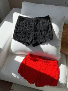 Comfortcana 2pcs/Set Summer Going Out  Western Music Festival Solid Color Textured Knit Ultra-Shorts - Multicolor - View 3