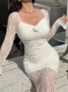 Modelyn Sukienka damska z długim rękawem i wzorem kwiatowym 3D z syrenką, elegancka - Biały - Zobacz 2