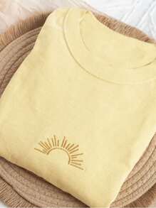 INAWLY Embroidered Sun T-Shirt, Embroidered Sunshine T-Shirt, Embroidered Summer T-Shirt, Embroidered Bohemian Blouse, Unisex Fashion T-Shirt - Yellow - View 3