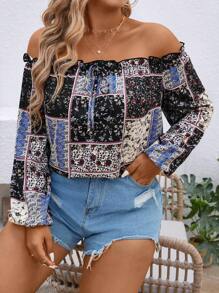 SHEIN LUNE Plus Size Chic Retro Paisley Print Off Shoulder Long Sleeve Blouse, Suitable For Vacation And Dates - Multicolor - View 4