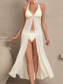 SHEIN Swim Women Sequin Embellished Halter Bikini Swimwear Set, For Summer Beach Vacation - White - View 6