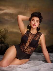 Bộ đồ liền thân ren chấm bi bóng loáng gợi cảm Retro Palace dành cho nữ - màu đen - Xem 2