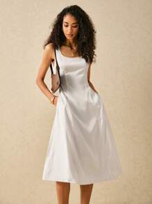 Poéselle Women's Elegant Solid Color A-Line Waist Fit Midi Dress - White - View 1