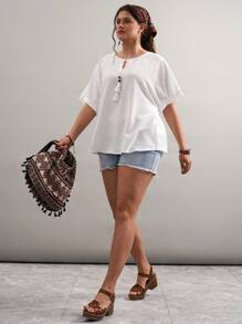 SHEIN VCAY 大码蝙蝠袖系带流苏衬衫夏季沙滩装度假女士复活节春季女士圣帕特里克复活节狂欢节优雅休闲西部可爱波西米亚乡村老钱教师早午餐女士热带度假女士伊比沙岛 - 白色 - 查看 6