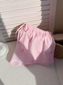 Comfortcana Summer Elegant Stripe Print Sweet Pink Bow Striped Low Waisted Elastic Shorts - Pink - View 6