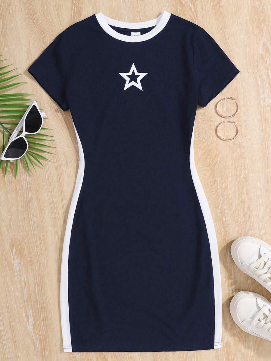 SHEIN 少女蓝白撞色拼接星星印花针织紧身休闲街头风连衣裙 - 藏蓝色 - 查看 1