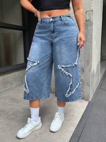 SHEIN EZwear Plus Size Loose Straight Leg 7/8 Length Jeans, Blue,Distressed Punk & Adventure Five-Pointed Star Patch Denim ,Spring Summer Clothes,Saint Patrick / St Patrick Day, Summer / Summers / Summer Clothes,Springs For Women / Spring,Summers For Women / Summer / Summer Clothes / Cute Summer Tops,Easter Dress / Easter / Easter Women,Concert Women / Raves / Raves Festival / Country Concert / Nashville / Ibiza,Western Wear Women / Western / Western Clothes For Women,Cowgirls For Women / Rodeos For Women / Cowgirl,Beach For Woman / Beach, Brunch For Women - Blue - View 1