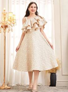 SHEIN Leap Crew Teen Girl Elegant Layered Ruffle Asymmetric Neck Mid-Length Dress - Apricot - View 4