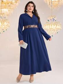 Mulvari Plus Size V-Neck Long Sleeve Waist Rhinestone Decor Retro Dress - Navy Blue - View 5