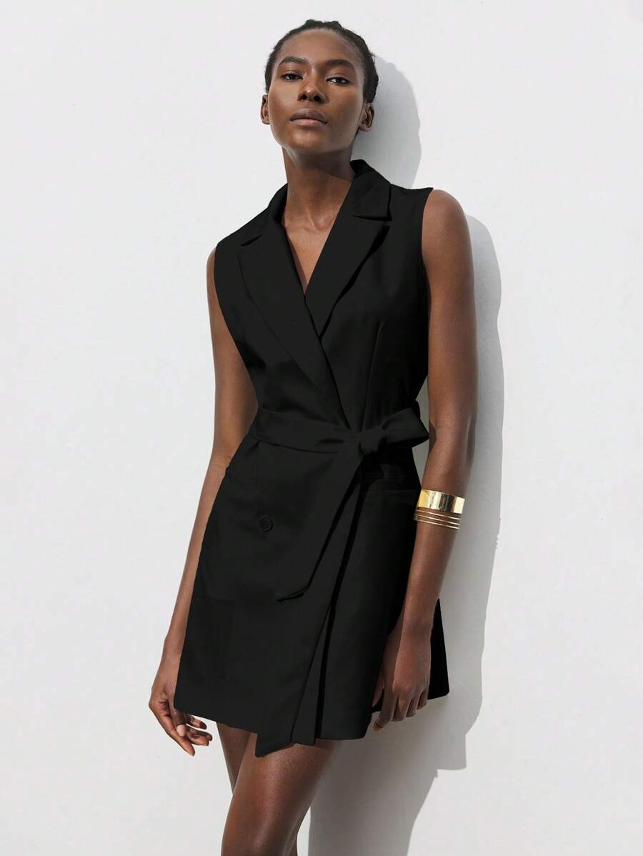 Maija 女士春夏新款腰带都市现代日常休闲短款连衣裙，适合外出、节日派对、约会、婚礼、音乐节等场合，复古90年代波西米亚风女装 - 黑色 - 查看 1