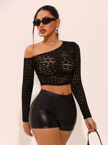 SHEIN SXY Czarny jednolity kolor seksowny asymetryczny jednoramienny wycięty dopasowany top, uniwersalny strój na dzień, wieczorne wyjście, randki, spotkania, imprezy, klubowanie, festiwal muzyczny - Czarne - Zobacz 5